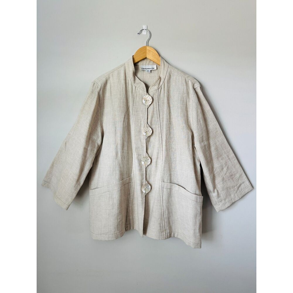 Caroline Rose Vintage Linen Jackets Womens XL Made in USA Beige Mother of Pearl